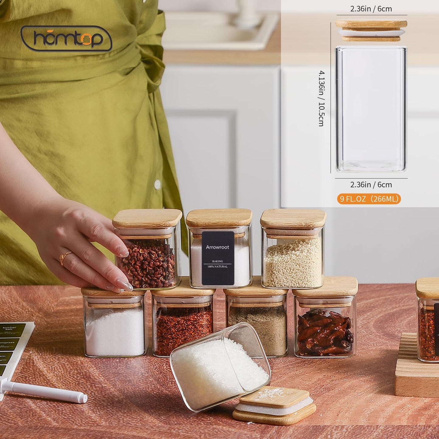 12Pcs 9oz Spice Jars Glass Container with 275 Labels, Airtight Seasoning Empty Organizer with Bamboo Lid Set for Food Storage, Salt, Sugar