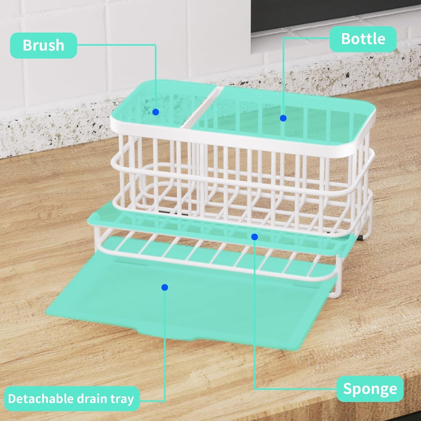 HapiRm Sink Caddy Sponge Holder - Kitchen Sink Organizer with Drain Tray, SUS304 Stainless Steel Rustproof Sponge Caddy Storage for Kitchen Countertop- White