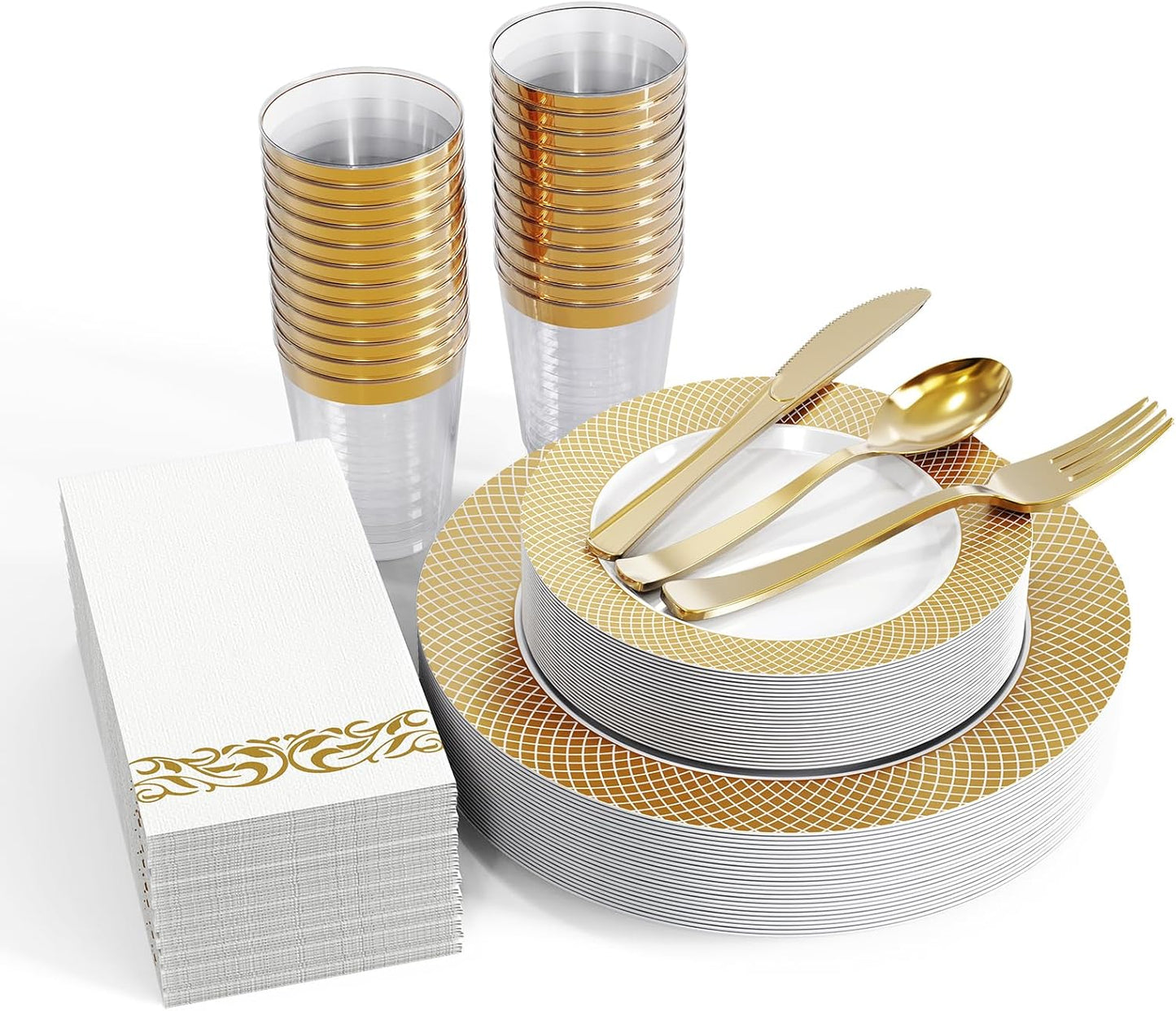 FOCUSLINE 175 Count Gold Dinnerware Set for 25 Guests - Disposable Plastic Plates with Gold Grid, Includes 25 Dinner & Salad Plates, Cups, Napkins, Cutlery Set for Wedding Parties