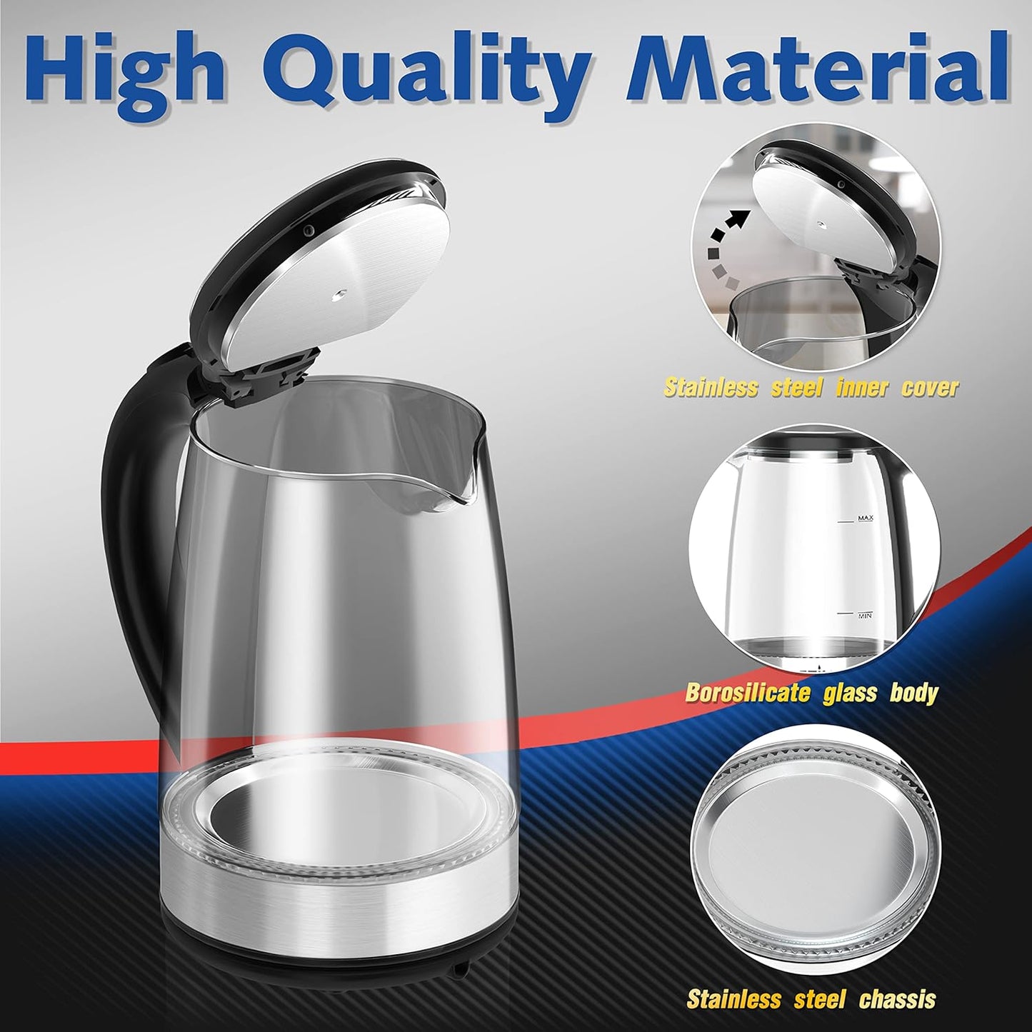 Dezin Electric Kettle, BPA-Free 2L Electric Water Heater, Glass Electric Tea Kettle, 304 Stainless Steel Hot Water Kettle Warmer with Fast Boil, Auto Shut-Off & Boil Dry Protection, for Coffee, Tea