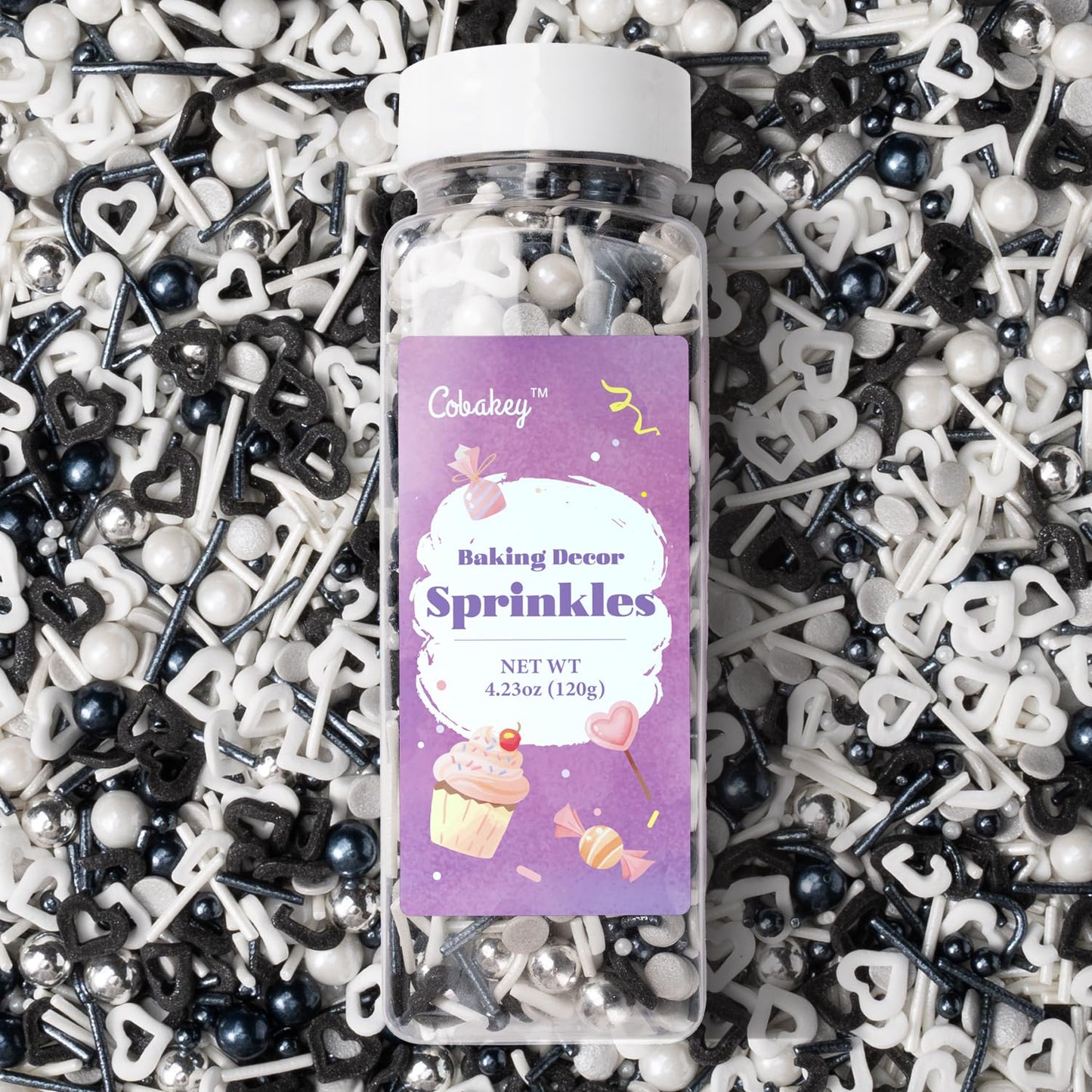 Black and White Heart Sprinkles for Cake Decorating 4.23ounce - Sugar Mix Contains Heart & Silver Pearl Sprinkles for Cupcake Toppers, Ice Cream, Candy, Cookie Decorations - Holiday Party Supplies