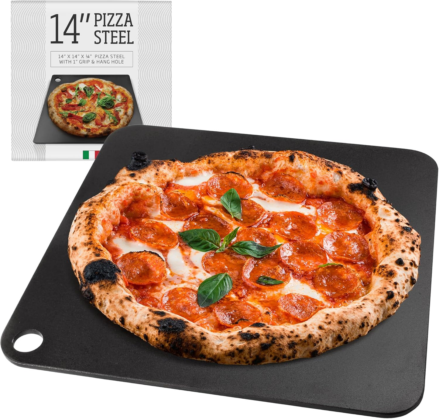 IMPRESA Pizza Steel for Oven - 14 x 14 x 0.25 in Black Carbon Steel - Fast Heat Retention for Crispy Crust - Nonstick Surface with Pizza Stone & Pan Performance