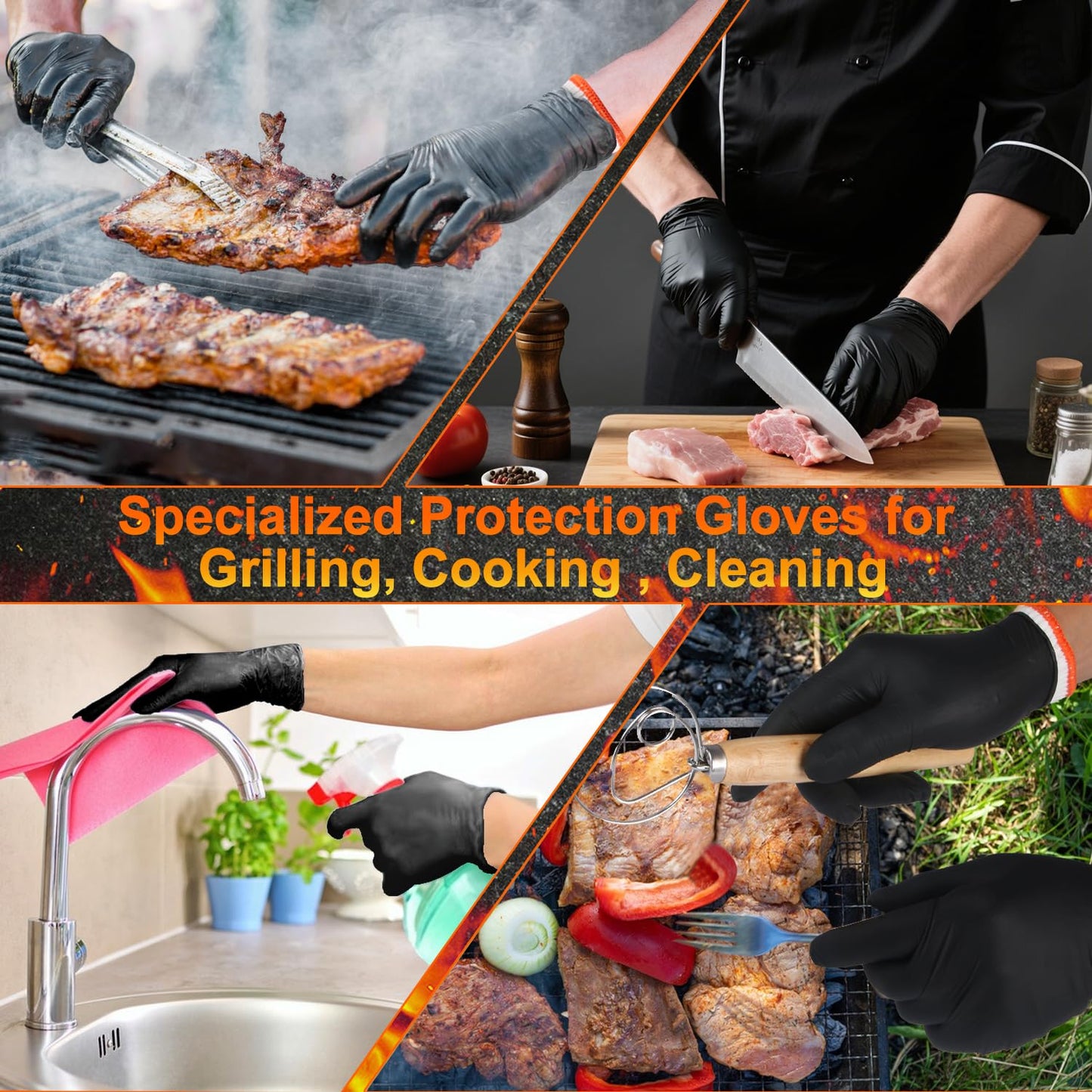 BBQ Gloves for Cooking Baking Grilling, 100 Count Disposable Nitrile Gloves and 4 Count Cotton Glove Liners Washable (6mil Nitrile, Large)