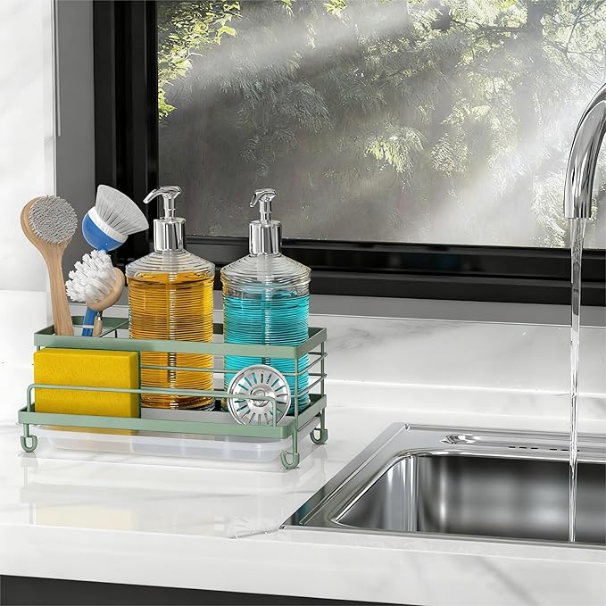 Cisily Sage Green Sponge Holder for Kitchen, Sink Caddy Sink Organizer Rack for Kitchen Accessories with Drip Tray, Rustproof and Non-slip, Soap Dispenser Countertop Organizer Essentials for New Home