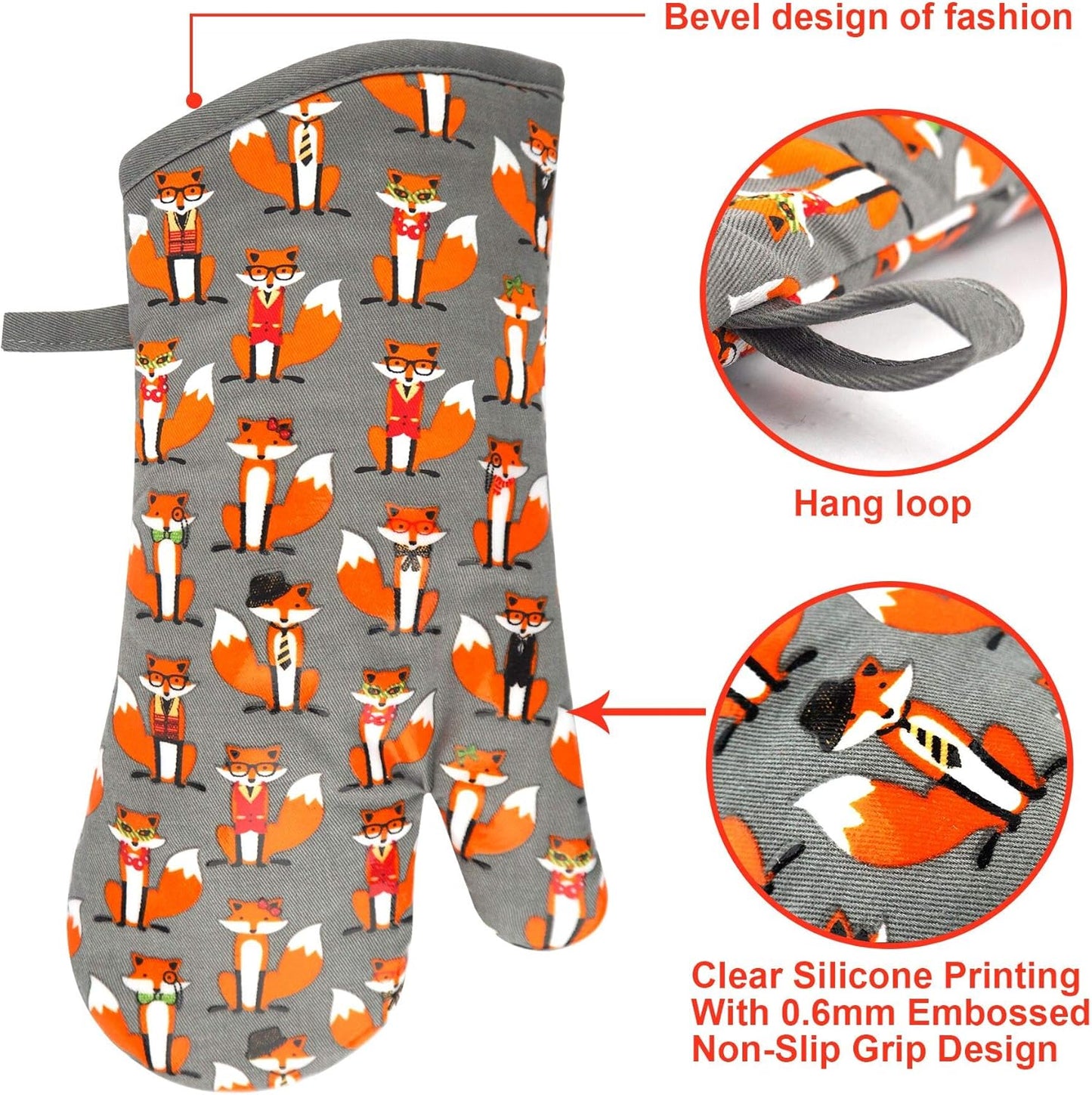 Oven Mitts Gloves 1 Pair Heat Resistant 480 ℉ Non Slip Clear Silicone Printed Fox Comfortable Cotton Lining Kitchen Women Men Cooking Baking Barbecue Machine Washable (Fox, Gray Mittens)