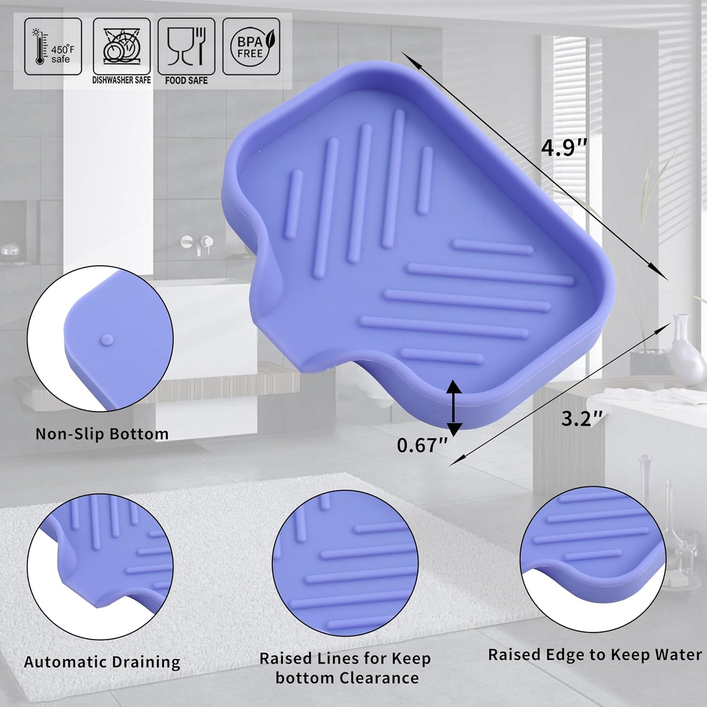 Silicone Bathroom Soap Dishes with Drain Spout-Bathroom and Kitchen Sink Organizer,Sponge Holder,Dish Soap Tray,Perfect for Dispenser,Scrubber,Bottle on Sink or Counter-Light Purple 4.9"×3.2"