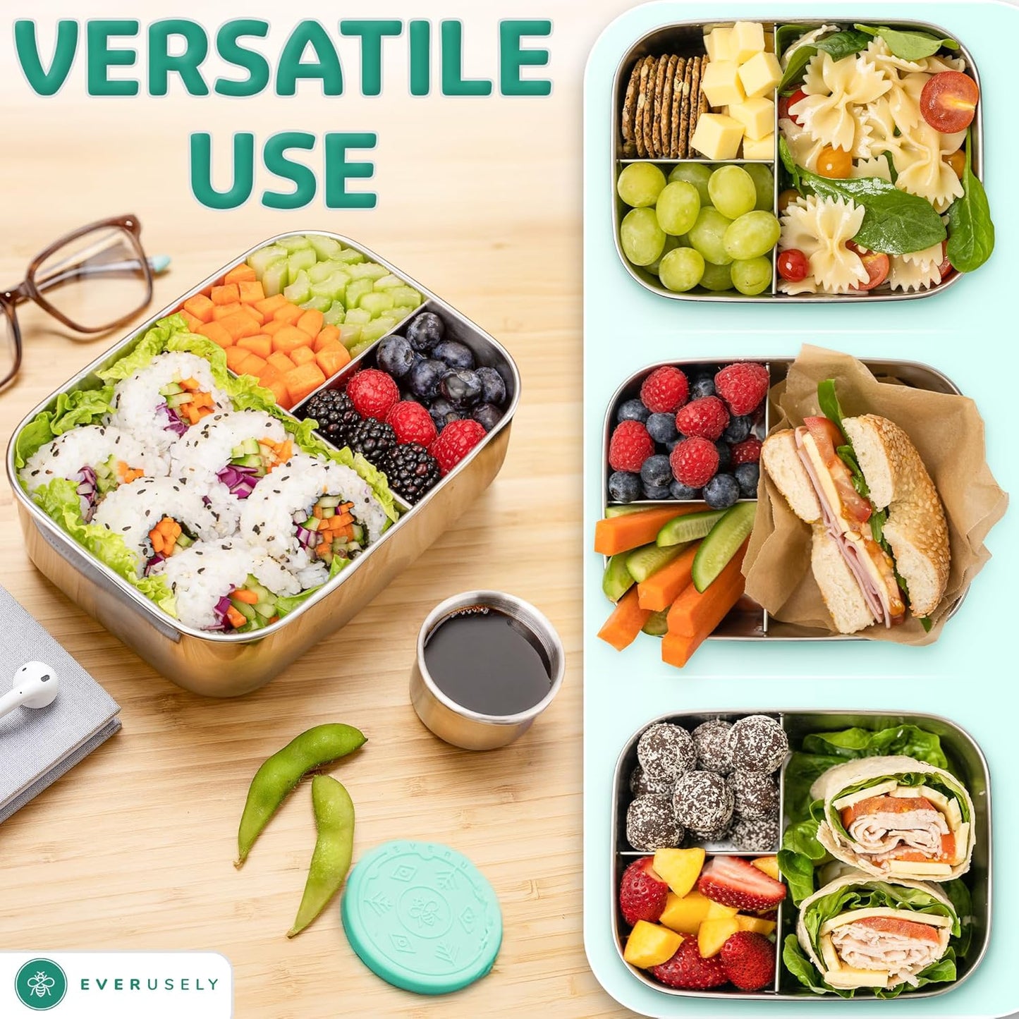 Everusely - Bento Box - Green, 37oz / 1.1 L - Stainless Steel Lunch Box with Leakproof Condiment Container - 3 Compartment Snack Organizer for On the Go Meals - Freezer & Dishwasher Safe