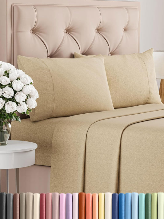 Full Size 4 Piece Sheet Set - Comfy Breathable & Cooling Bed Sheets Set - Hotel Luxury Bedding for Women, Men, Kids, Teens, Boys & Girls - Deep Pockets, Soft & Wrinkle Free - Tan (Heathered Sheets)