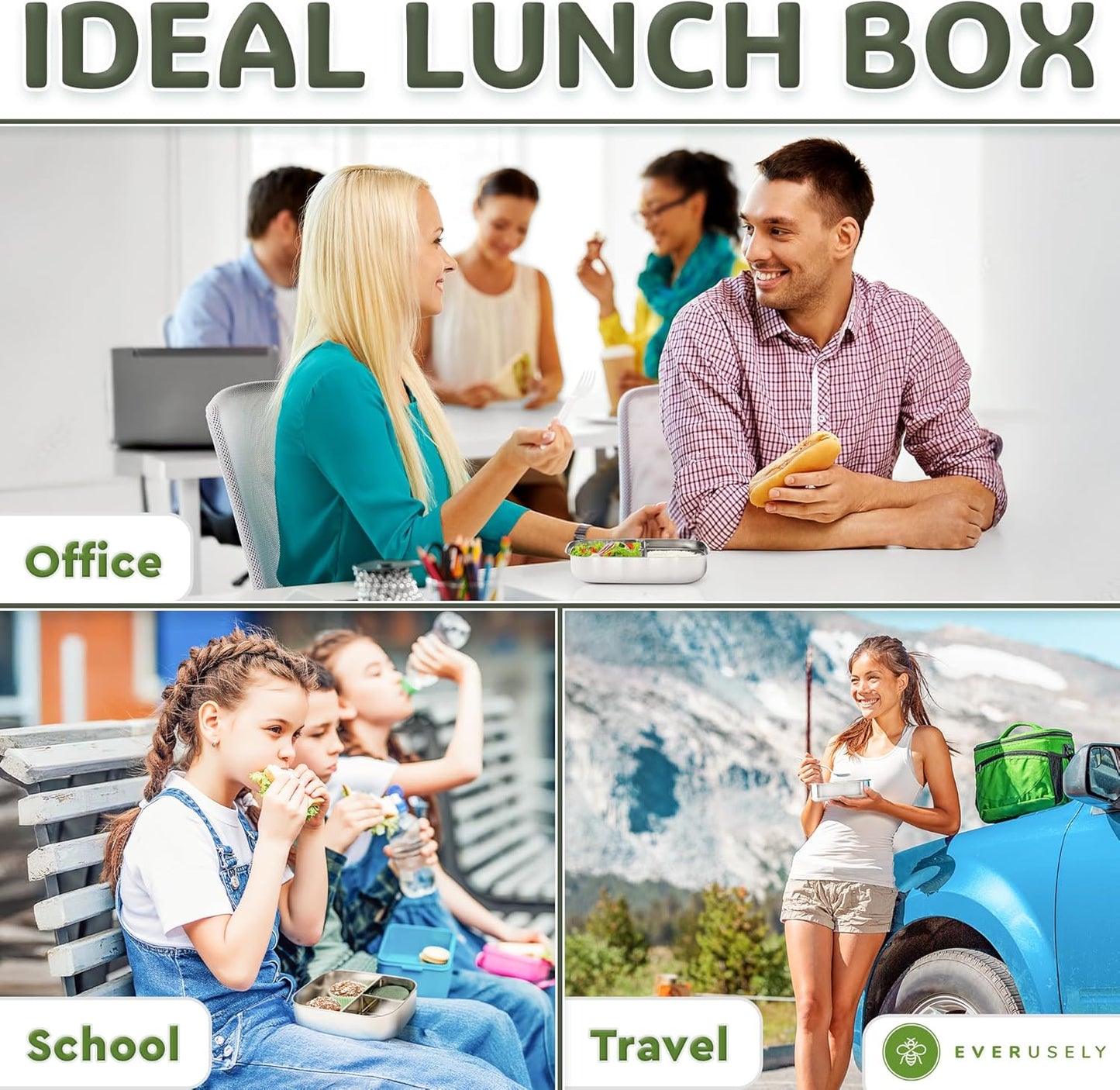 Everusely - Bento Box - Sage, 27oz / 0.8 L - Stainless Steel Lunch Box with Leakproof Condiment Container - 3 Compartment Snack Organizer for On the Go Meals - Freezer & Dishwasher Safe