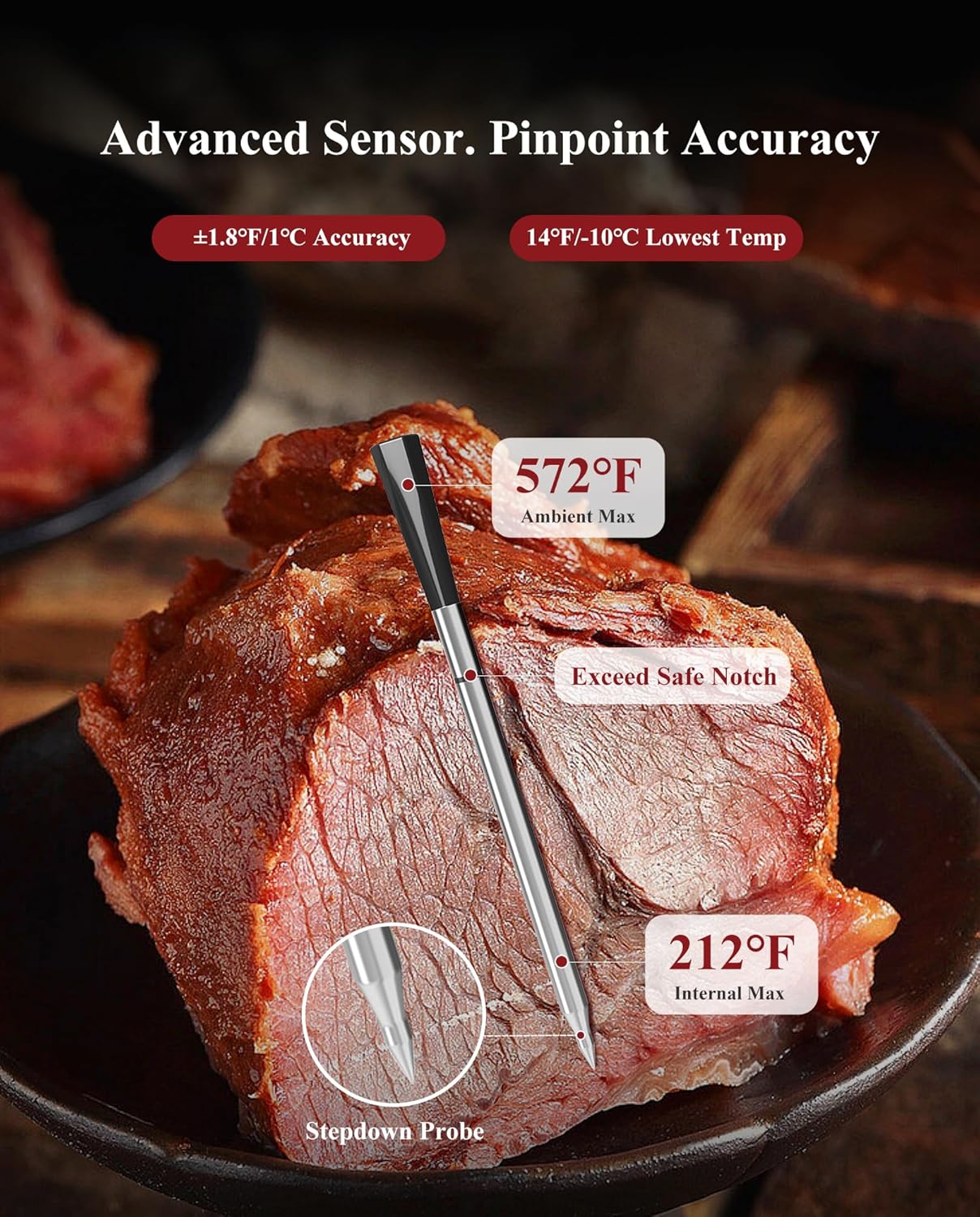 Wisebee Meat Thermometer Digital Wireless,328FT Smart Bluetooth Probe Waterproof Thermometer with Remote Monitoring| Real-Time Readings| Rechargeable LCD Booster| Dual Alarm| App Controlled| Cooking