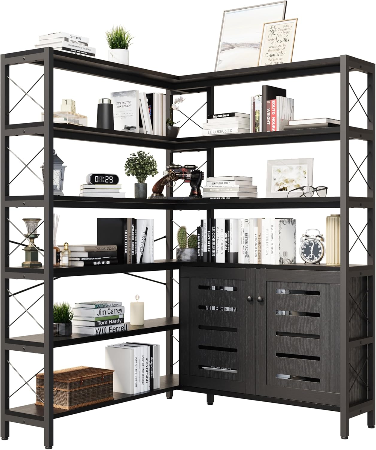 Corner Bookshelves and Bookcases Industrial Corner Etagere Bookcase L Shaped Shelf 6 Tiers with Metal Frame for Living Room Home Office