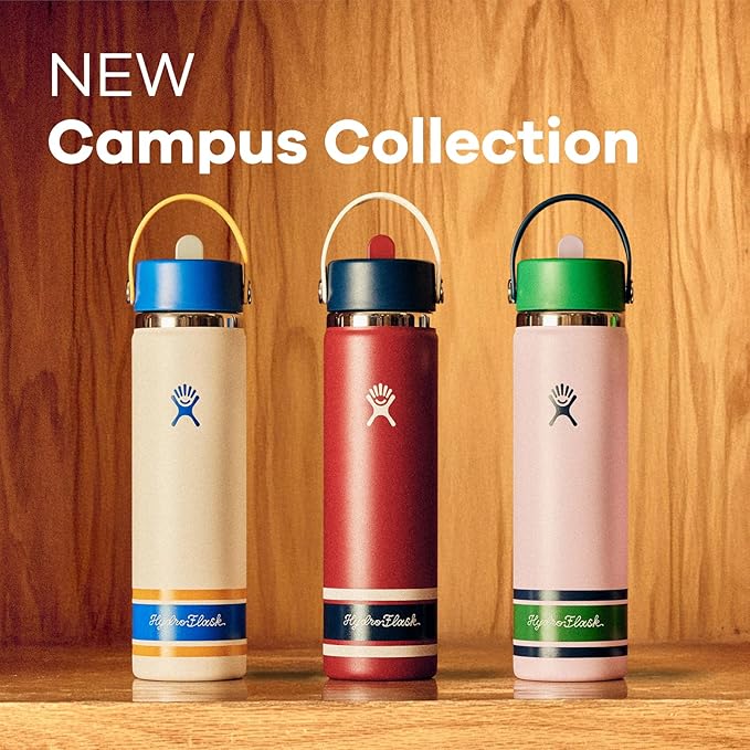 Hydro Flask Water Bottle - Insulated Stainless Steel - Wide Mouth Flex Straw Lid, Non Spill, Leakproof and Refillable in 24 Oz Campus Ivory