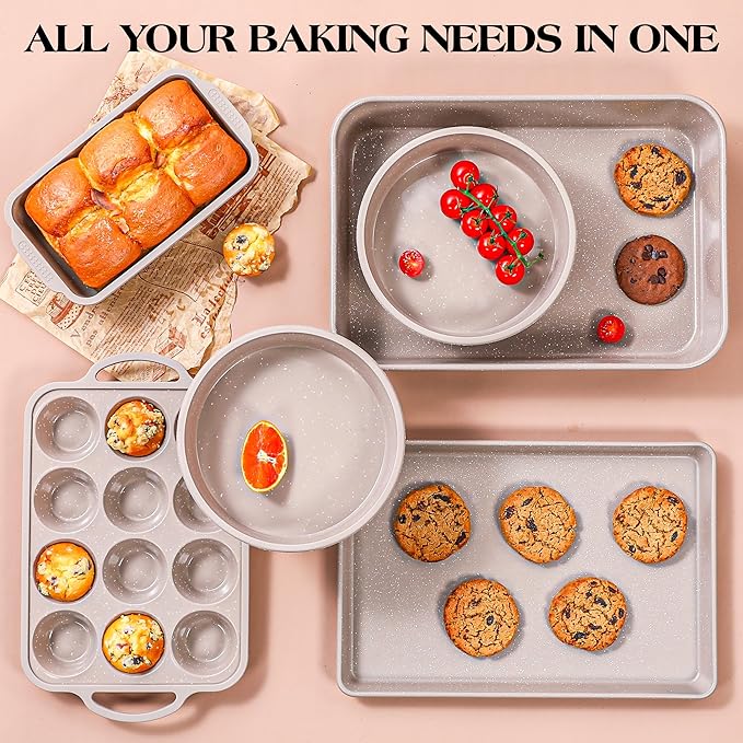 6 Pcs Baking Pans Set, Silicone Bakeware Sets with Metal Reinforced Frame, Nonstick Stackable Carbon Steel Non Toxic Baking Sets for Cooking (Brown)