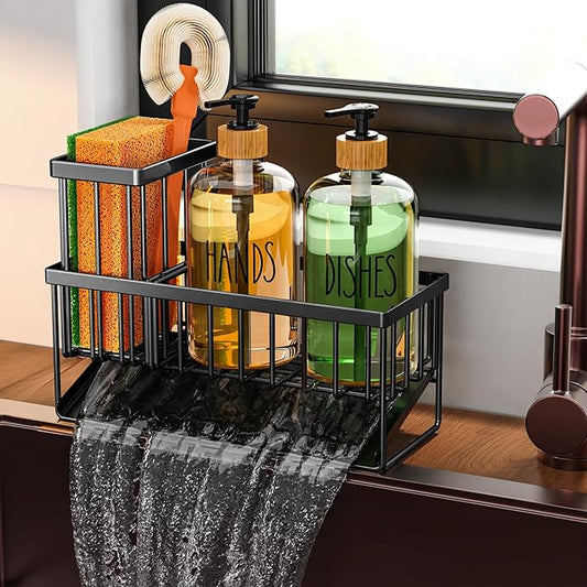 Cisily Kitchen Dish Soap Dispenser Set with Black Sponge Holder and 2 Pack 16.9oz Clear Glass, Dish Soap Dispensers for Hitchen Sink, Vintage Hand and Dish Soap Dispensers Set