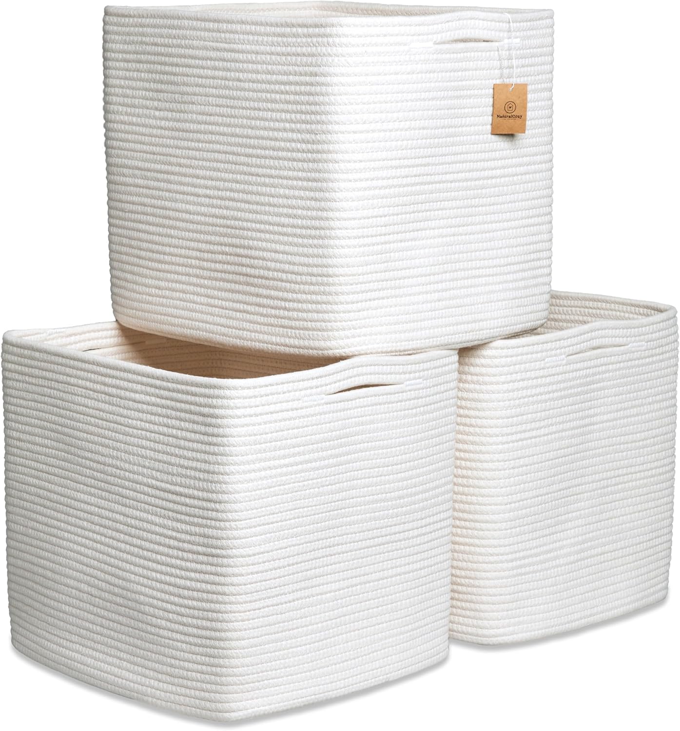 NaturalCozy 13x15x13 Kallax Storage Cubes, 3 Pack | Cotton Rope Cube Storage Bins Woven Baskets for Organizing | Kallax Insert Baskets for Shelves Organizer, Kids Toy, Pantry, Closet, Baby Nursery