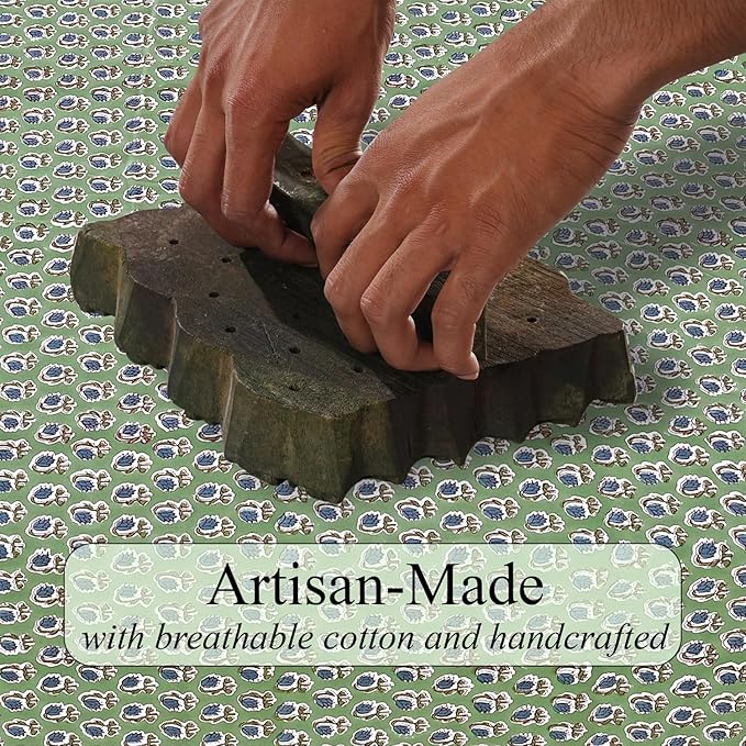 Ridhi Basil Green Hand Block Print Cotton Rectangle Tablecloth 118 x 70 inches Reusable Table Cover Decorative Everyday Use for Dining Room, Farmhouse, Home, Party, Festive & Wedding, Fall