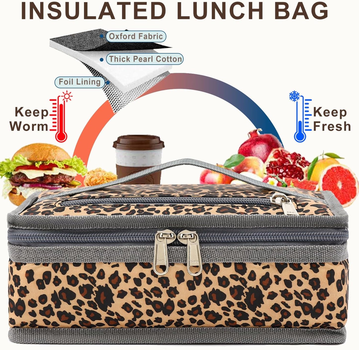 FlowFly Small Insulated Lunch box Portable Soft Bag Mini Cooler Thermal Meal Tote Kit with Handle for Work & School, Leopard