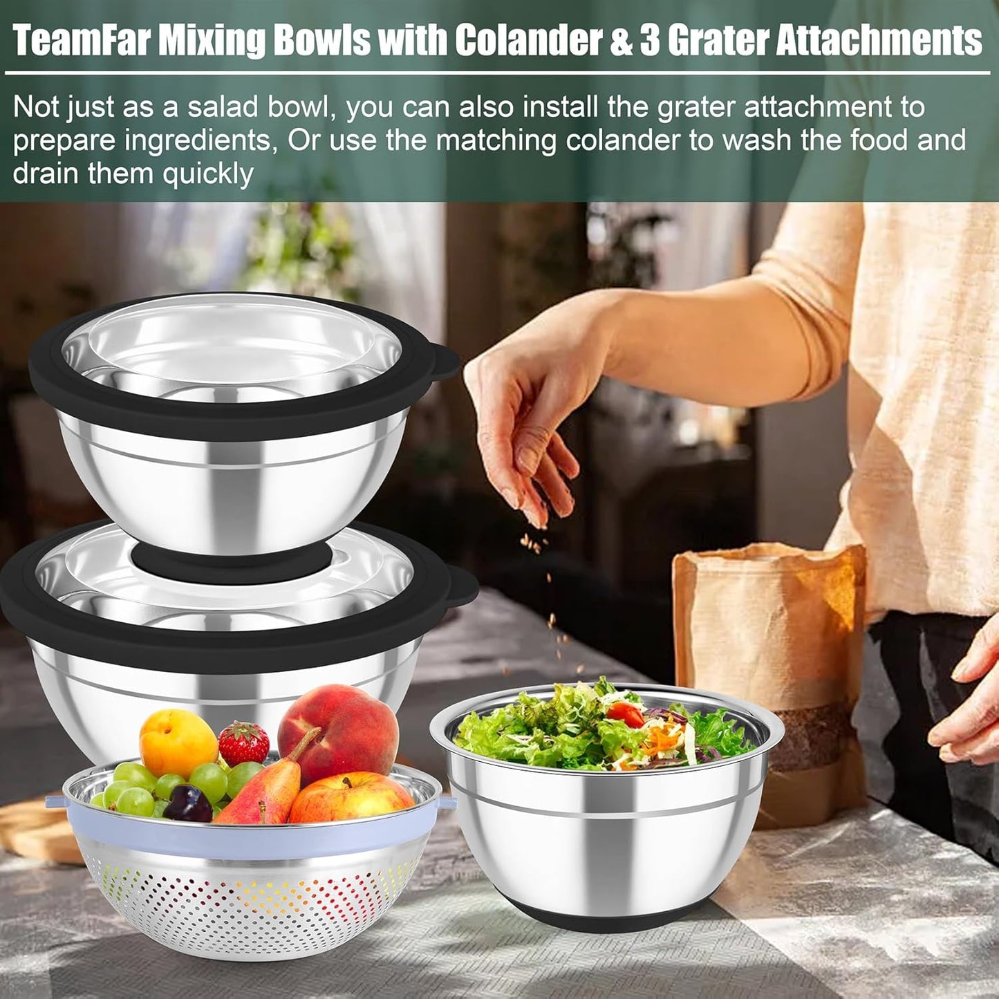 TeamFar Mixing Bowls with Colander Set, Stainless Steel Strainer and Nesting Salad Bowls, with Lids & 3 Graters, Non-Slip Bottom & Visible Lid, Rotatable & Dishwasher Safe, 4.6/3/1.5 QT, Black