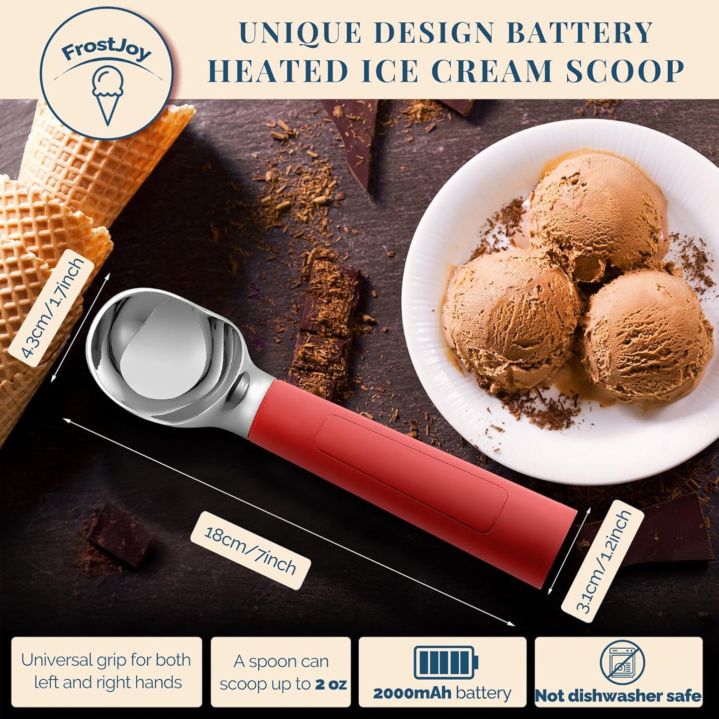 Heated Ice Cream Scoop Rechargeable, Electric Warming Ice Cream Scooper with LED Display, Heats to 158°F for Hard Ice Cream, Easy for Seniors & Kids, IP67 Waterproof (Red, 2 oz)