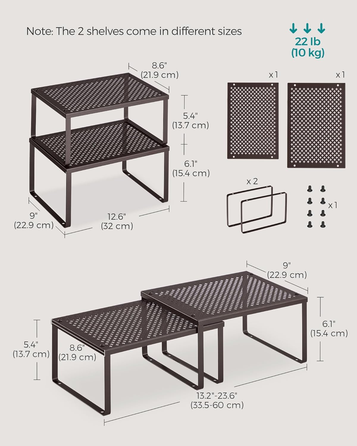 SONGMICS Spice Racks, Set of 4 Metal Cabinet Shelf Organizers, Countertop Organizers, Shelf Risers, Stackable, Expandable, Brown UKCS06BR