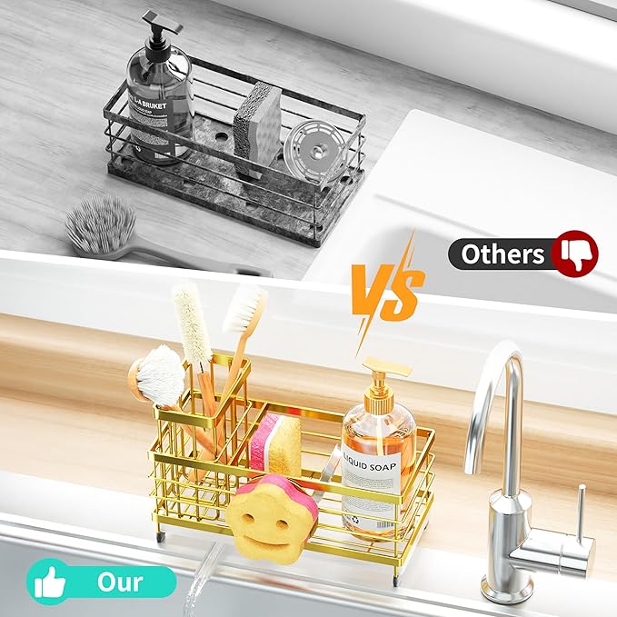 HapiRm Sink Caddy Sponge Holder - Self-draining Kitchen Sink Organizer with Smiley Face and Brush Holder, Stainless Steel Kitchen Organizer for Countertop - Gold