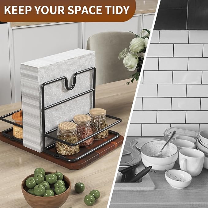 Napkin Holder for Table, 2 IN 1 Napkin Holders That Can Hold Salt Jar and Pepper Jar, Napkin Dispenser, Modern Dining Table Decor, Metal Racks and Wooden Bases, Walnut