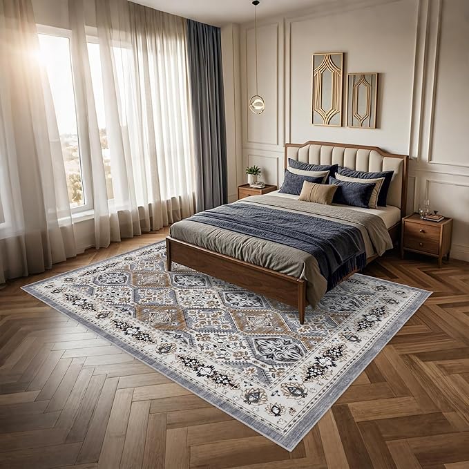 Area Rug for Living Room - Vintage Indoor Machine Washable Rug for Bedroom Dinning Room Floor - Soft Low-Pile Carpet Non-Slip Backing Floral Rugs for Office (Blue/Grey/Brown, 6' × 9')