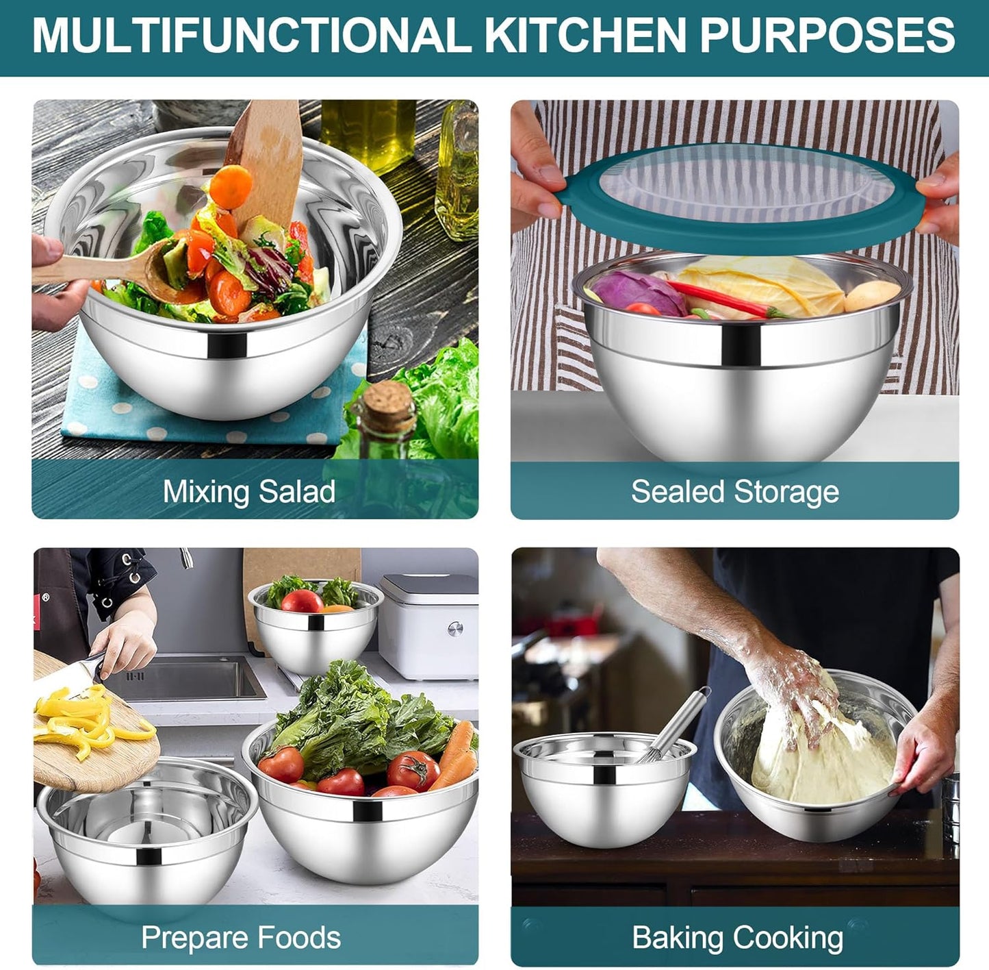 LIANYU Stainless Steel Mixing Bowls, 6 Packs Deep Metal Nesting Bowls Set for Baking Cooking Serving Prepping, Large& Small 7, 3.5, 2.5, 2, 1.5, 1QT Size, Include Visible Airtight Lid, Dark Blue