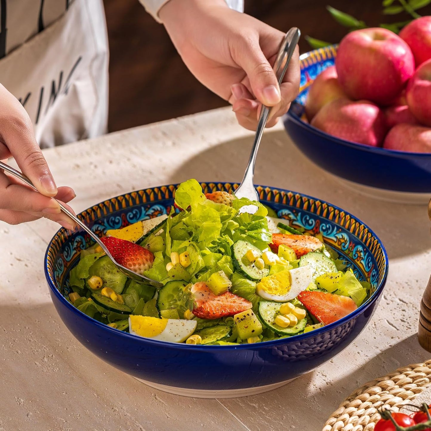 Large Serving Bowls Set of 2, Bohemian Style 10" Large Ceramic Bowls for Entertaining and Party, Bowls for Pasta Soup Fruit Ramen Cereal, Dishwasher Oven Safe