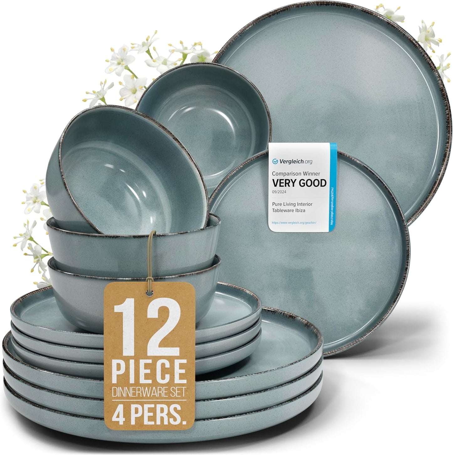Stoneware dinnerware set 4 persons Rustic 12 pcs - Rustic design dinnerware set, dishwasher safe - Bowl and plate set - Pure Living dinnerware in smoky blue…