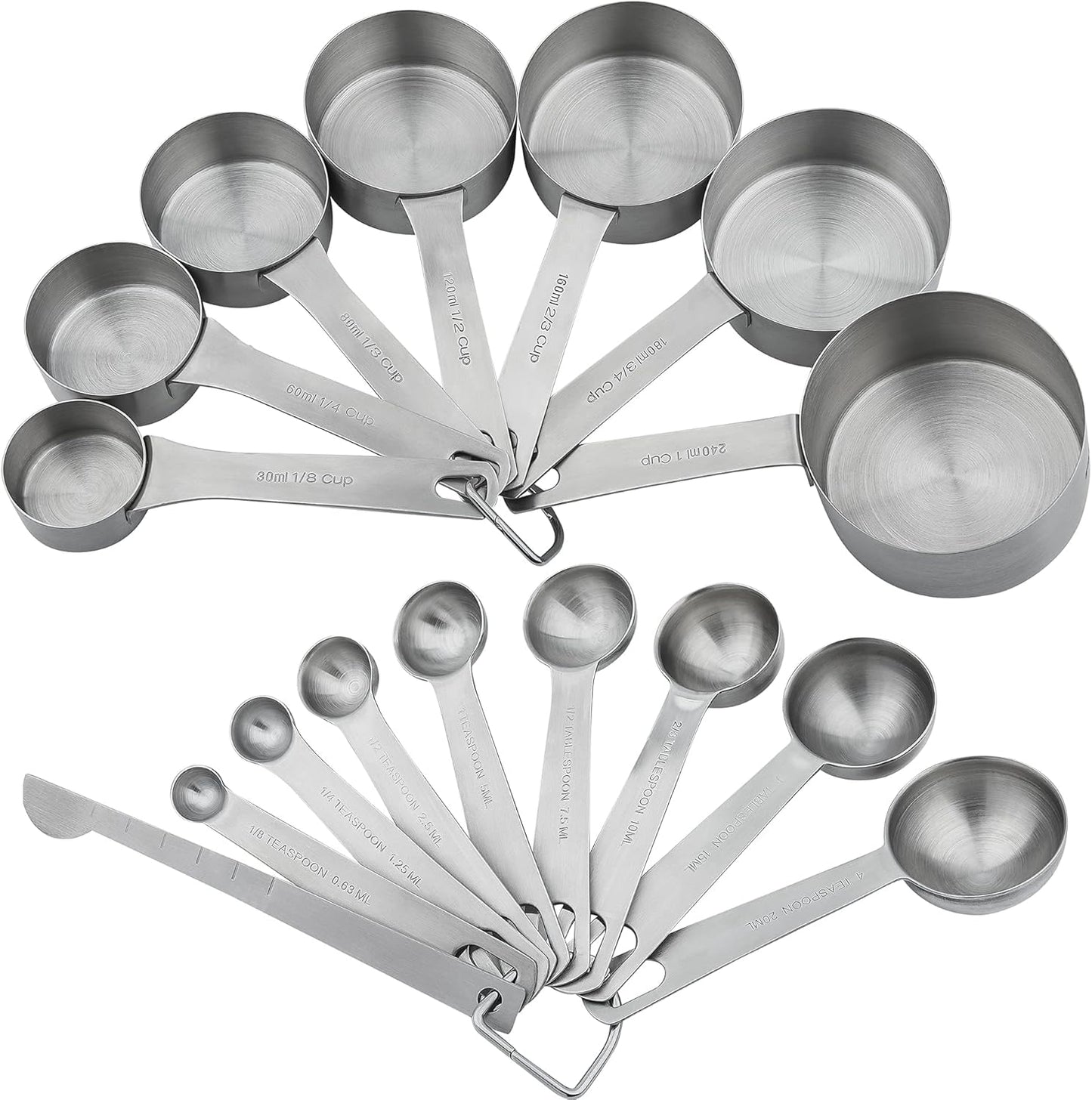 Measuring Cups and Spoons Set, Stainless Steel Measuring Cups, 18/8(304) Material Heavy Duty 7 Measuring cups and 8 Measuring Spoons 1 Leveler and 2 rings Pack 18pcs Per set