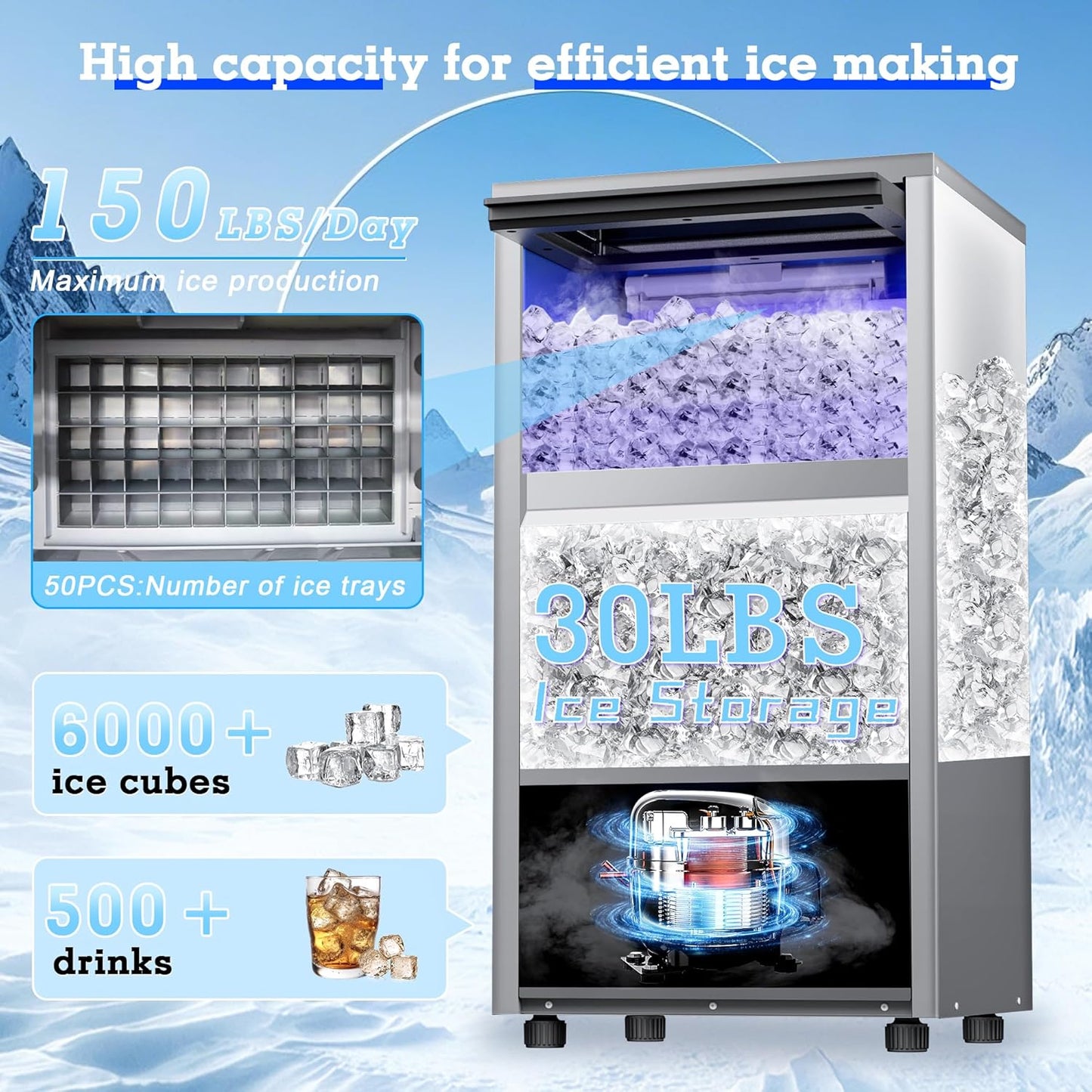 Commercial Ice Maker Machine 150lbs/24H with 30lbs Storage, Stainless Steel Undercounter/Freestanding Ice Machine 50Ice/Cycle 2 Water Inlet Modes Self-Cleaning for Homes Restaurants Bars