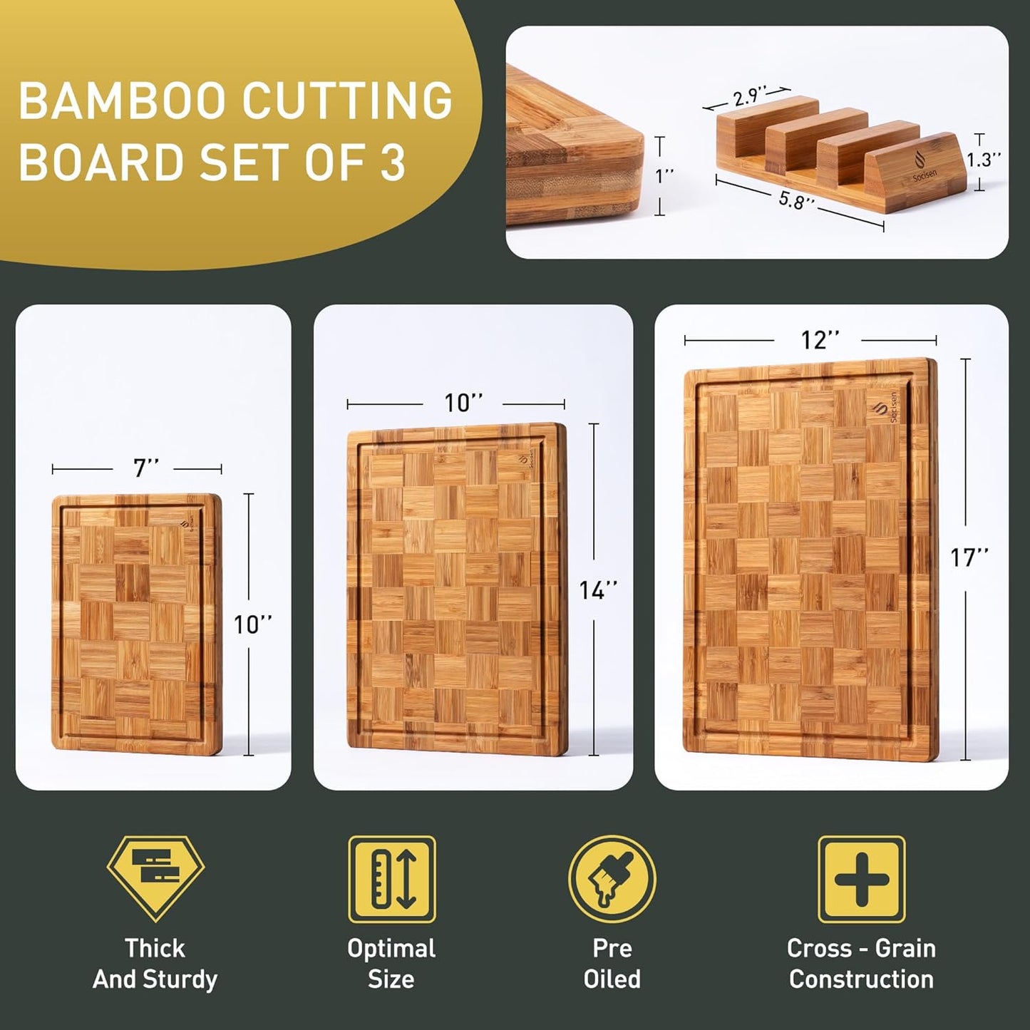 3 Pack Heavy Duty Bamboo Cutting Board Set Non Toxic Wooden Cutting Board for Kitchen Non Slip Solid End Grain Thick Wood Juice Groove Chopping Board Extra Large Big Small Best House Warming Gift