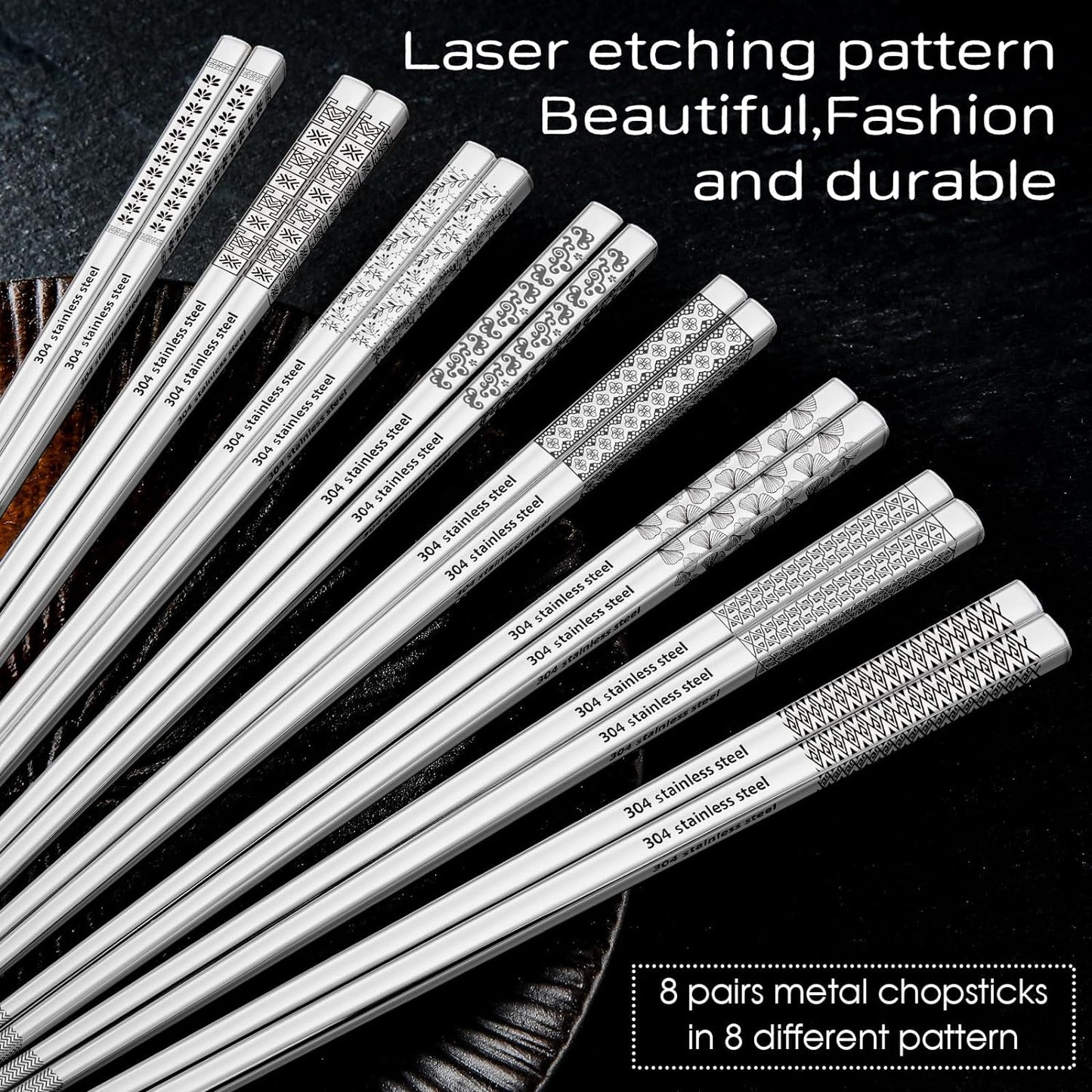 8 Pairs Metal Chopsticks Reusable 18/8 Stainless Steel Chopsticks Set Cute Laser Engraved Non-slip Japanese Korean Chinese Chopstick for Cooking Eating Dishwasher Safe 9.25" Chop Sticks Gift Set