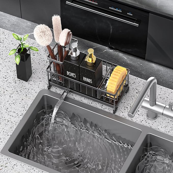 Cisily Kitchen Soap Dispenser Set with Sink Caddy, 12 Oz Glass Bottle, Hand and Dish Soap Dispenser Set with Sponge Holder (Black Sink Caddy + Black Bottle)