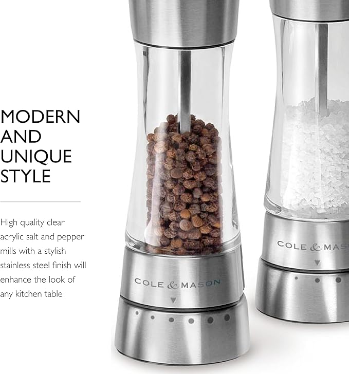 Cole & Mason Derwent Salt and Pepper Grinder Set - Refillable Salt & Pepper Grinder Set with Gourmet Precision Mechanisms - Kitchen Accessories for Cooking - Gift Set, Stainless Steel