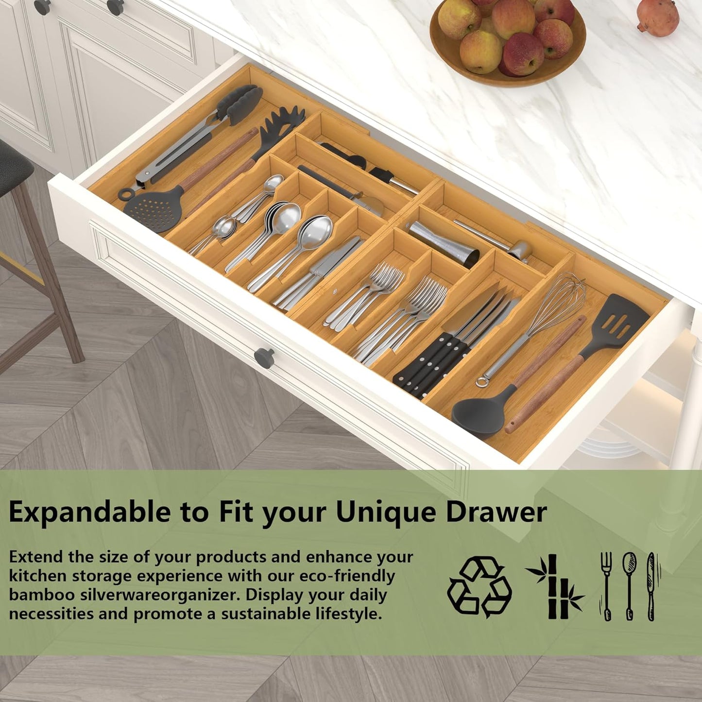 Suli Large Silverware Drawer Organizer，Adjustable Kitchen Flatware for Forks Knives and Spoons， Bamboo Cutlery Utensil Holder,Expandable from 12in-37in，Natural Bamboo
