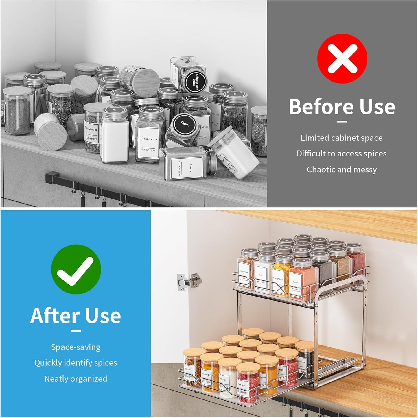 Pull Out Spice Rack, 2 Tier Spice Organization for Cabinet, Heavy Duty Spice Rack, 9-1/4 inch Wide - Spice Racks for Inside Cabinets, Kitchen, Pantry - Chrome, 9.25”W x 10.39”D x 9.76”H