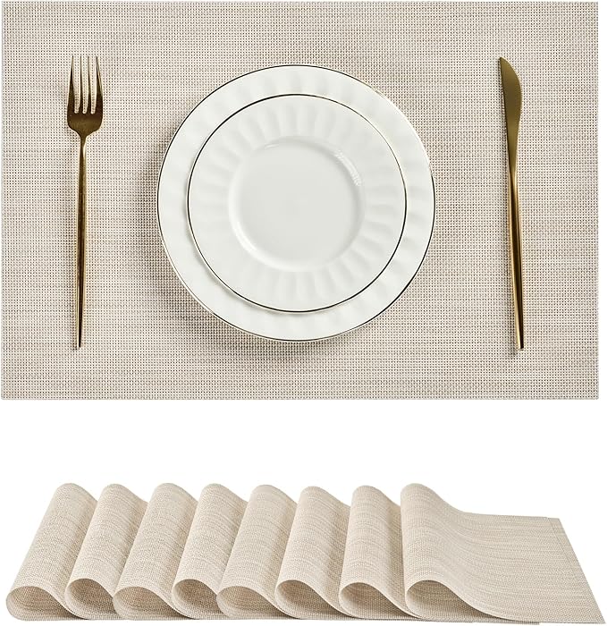 Leetaltree Beige White Placemats Set of 8 - Heat Resistant Non-Slip Place mats for Dining Table, Washable Durable PVC Vinyl Woven Table Mats（Beige White, 8）