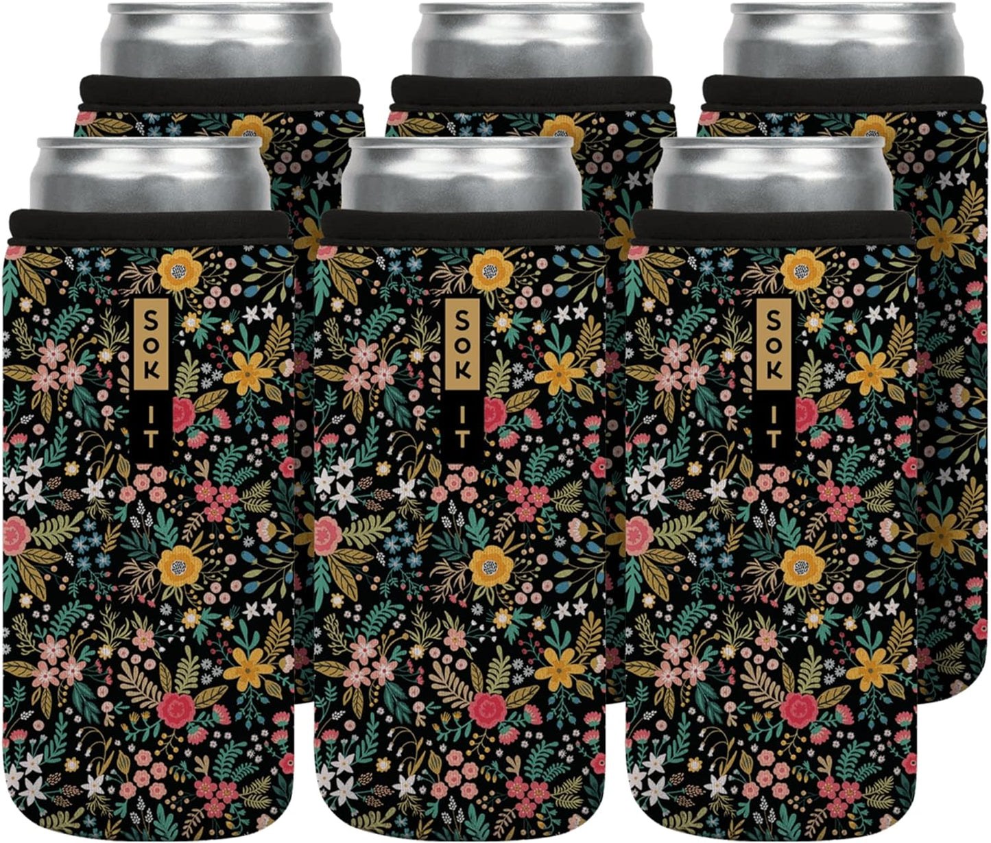 Sok It CanSok 6 Pack Sleeve for Beer & Soda Insulated Neoprene Cover (English Garden Picnic, 12oz Slim Can Sleeve - 6 Pack)
