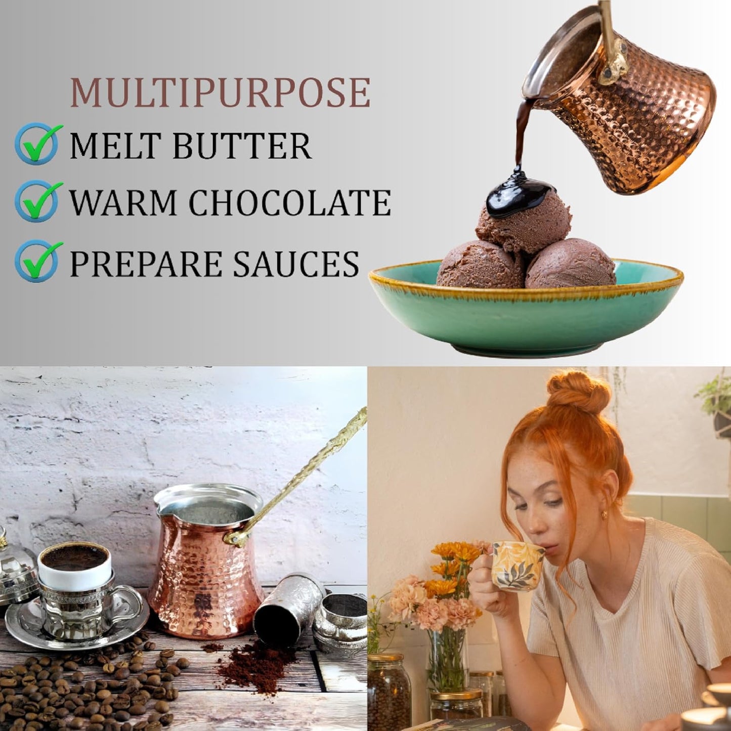 Hakan Turkish Coffee Pot | Stove Top Water Boiler, Coffee Maker, Butter, Chocolate & Milk Warmer | Even and Quick Heat with Handcrafted Copper Material | Coffee Gifts Idea, 5 Oz (150 cc)