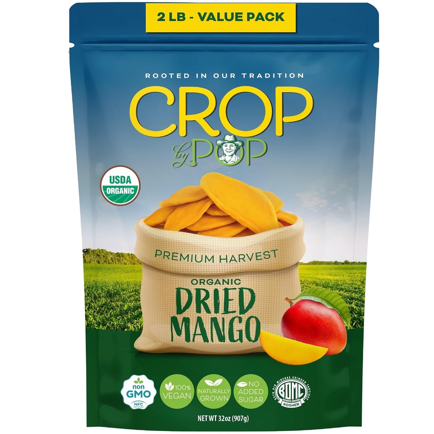 CROP BY POP - Organic Sun Dried Mango Slices, No Sugar Added, Unsulphured (32oz, 2 LB) Bulk Dry Fruits Packed Fresh in Resealable Bag - USDA Organic, Non GMO, Kosher