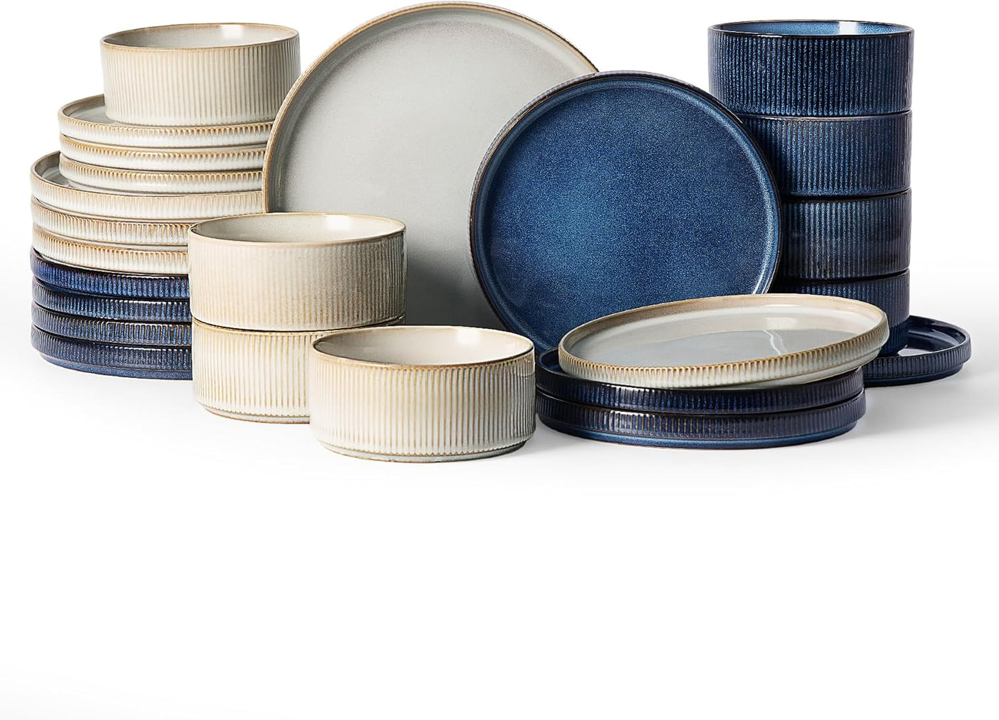 Famiware Star Dinnerware Set, Plates and Bowls Sets for 8 (24pcs), Ribbed Stoneware Dishes - Chip & Scratch Resistant, Microwave & Dishwasher Safe, Multicolor - Cappuccino White & Nebulas Blue