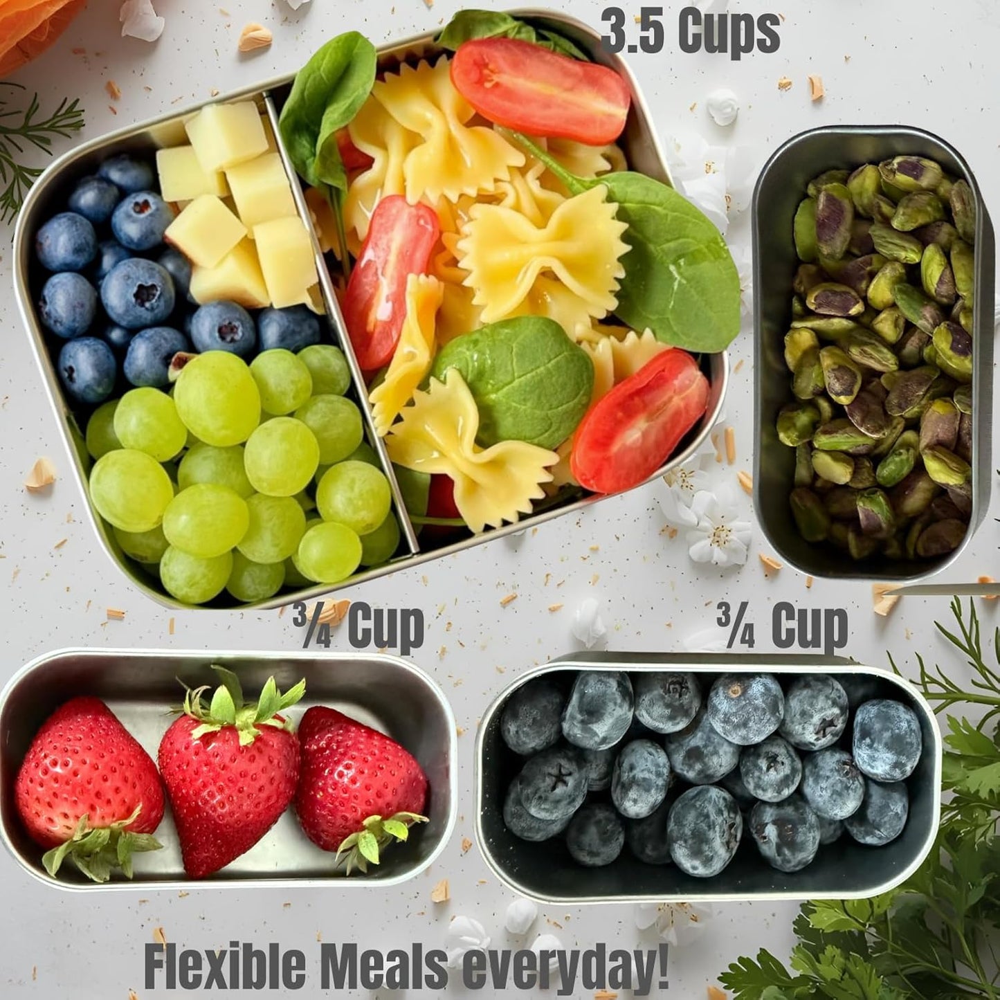 Flexibento - Leak proof Stainless Steel Lunch Box | Bento Box |Food , Lunch Containers with Silicone Lids| sandwich and Snack Containers |Metal lunch Box |Black | 27 OZ, 2*6.5 OZ| Adjustable Divider