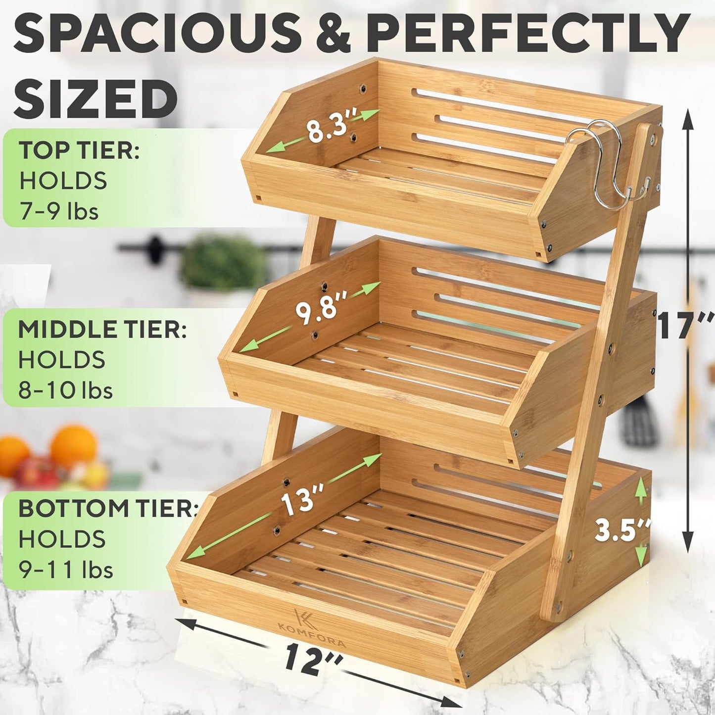 Bamboo Fruit Basket 3-Tier - Premium Produce Basket for Kitchen w/ 2 Hangers - Durable & Easy to Assemble Stand for Countertop - Perfect Holder for Vegetables, Bread, Snacks & More