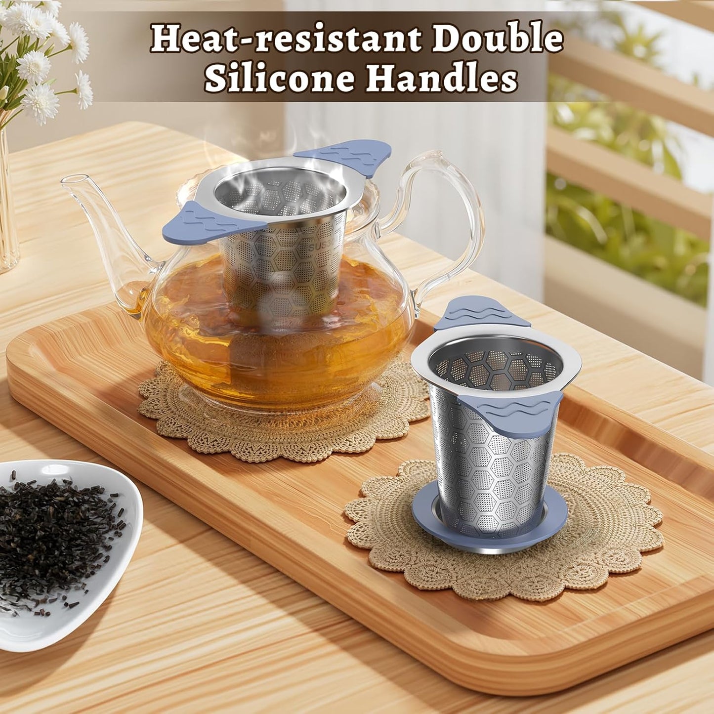 Tea Infuser for Loose Leaf Tea,Stainless Steel Tea Infuser with Heat Proof Silicone Handles,Extra Fine Mesh Tea Strainers Filter Fine Tea Leaves Effectively,Fits TeaPots/Mugs