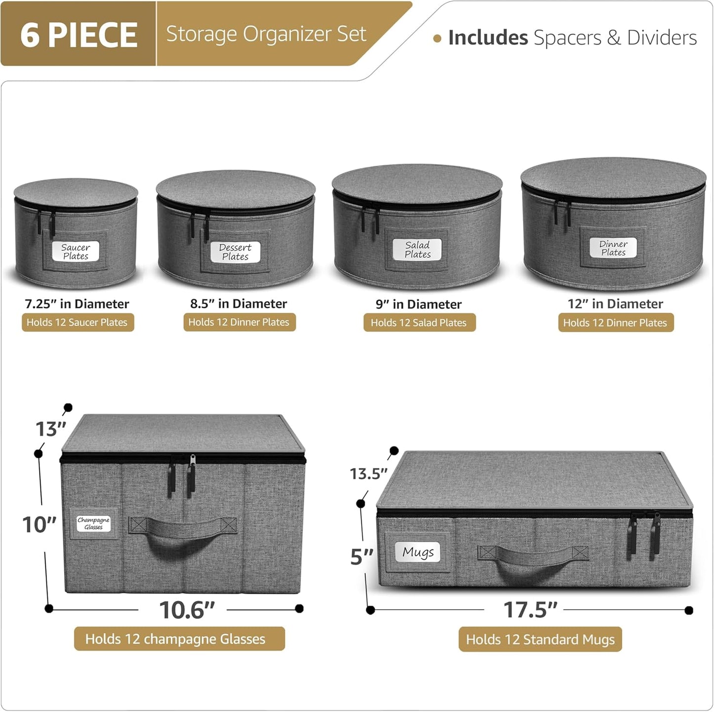 Sorbus China Storage Containers 6-Piece Set - Hard Shell Dinnerware Organizer for Plates, Glasses, Mugs & Saucers (Holds Service for 12) with Felt Protectors for Moving & Storage