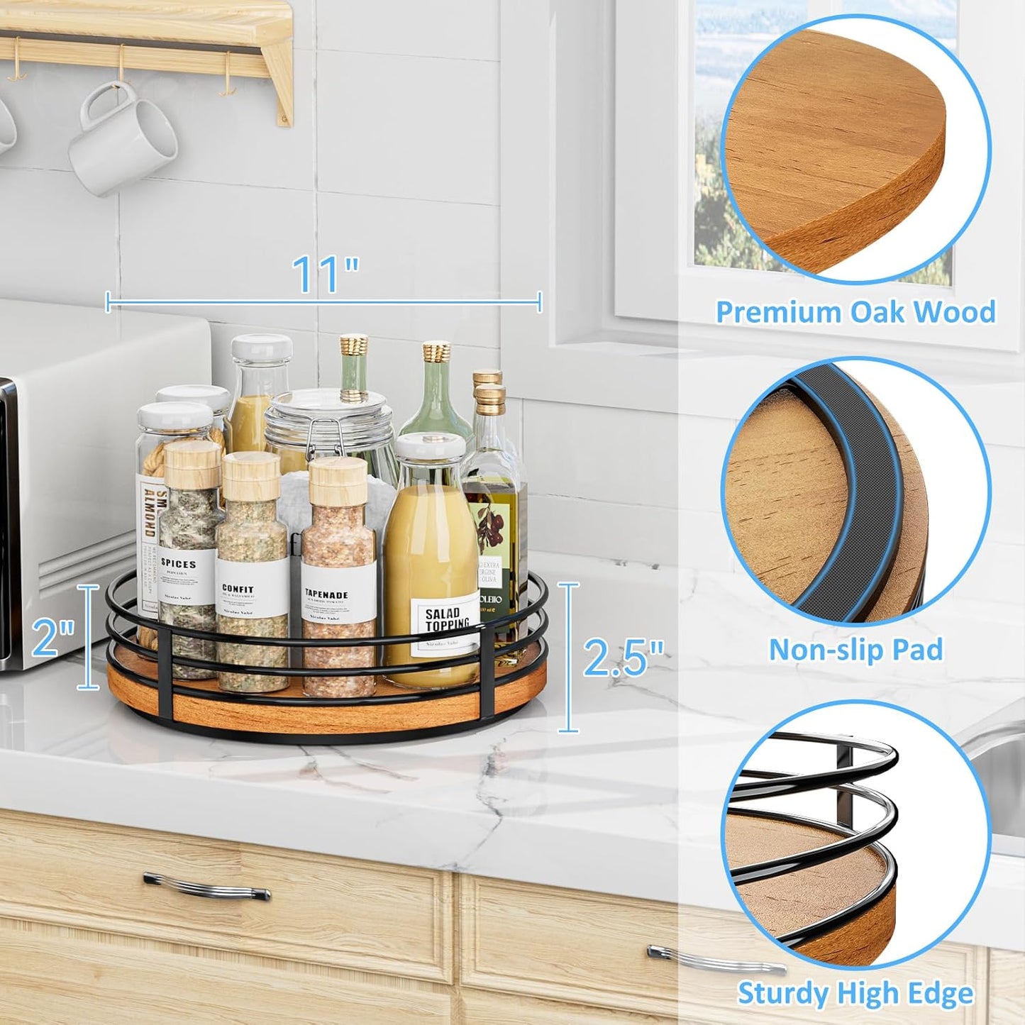 Wood Lazy Susan Turntable Organizer - 11" Round Wooden Lazy Susan for Cabinet Kitchen Countertop Dining Table Pantry Cupboard Bathroom Coffee Bar Spice Storage Home Decor