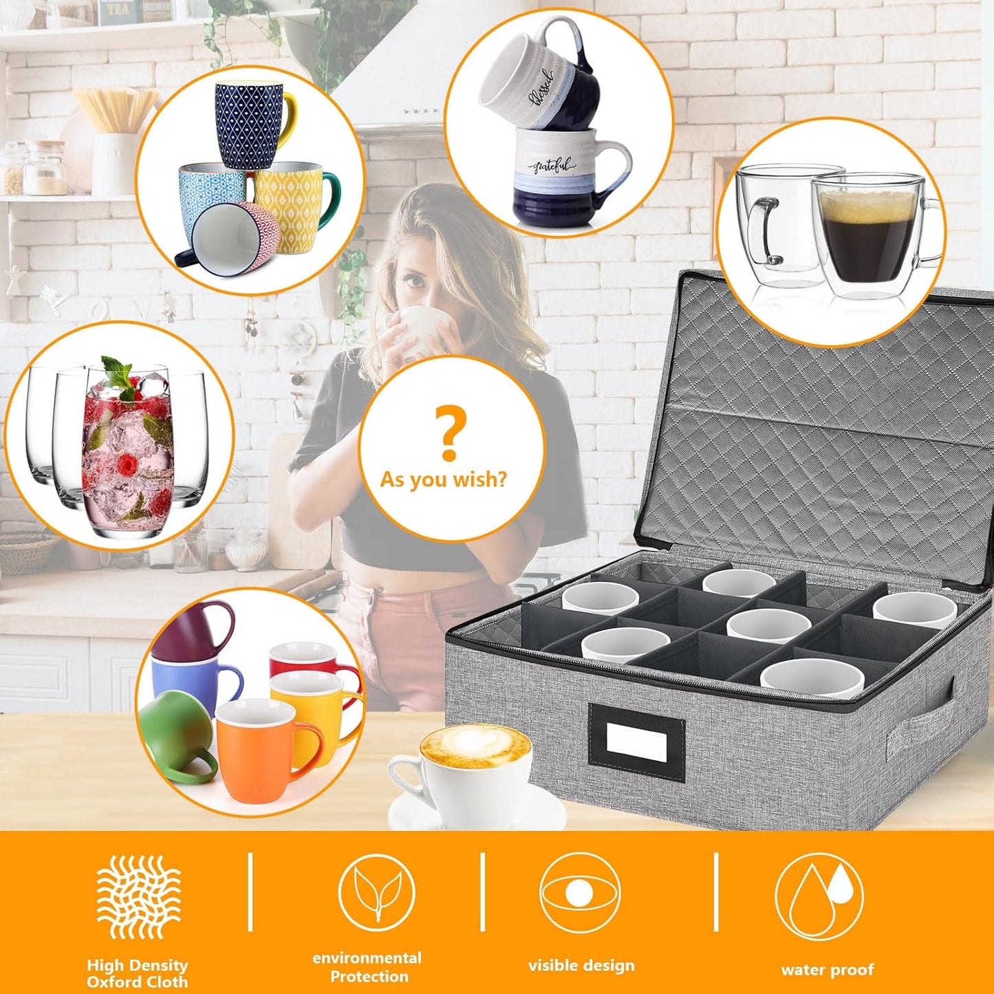 Coffee Mug Storage Box with Dividers, China Storage Containers Hard Shell ,Glassware Storage Containers with Zipper Lid and Handles, Stackable for 12 Mugs, Tea Cups, Moving & Packing (Light Grey)