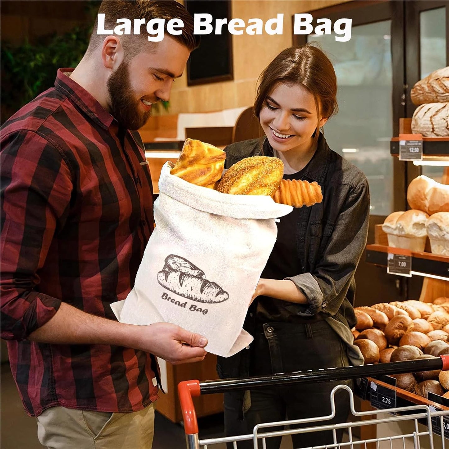 Bread Bag with Inside Lining, 2 Pack Reusable Linen Bread Storage Bags, 11.75" x 11.5" Homemade Bun Container, Double Drawstring Closure for Fruit and Baguette, Artisan Bread Storage